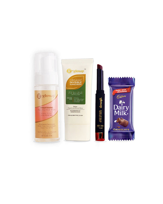 HK Glowup Festive Hamper-1: Brightening Foaming Facewash + Organic Invisible Sunscreen + Cherry Red Lip Balm + Choco pack