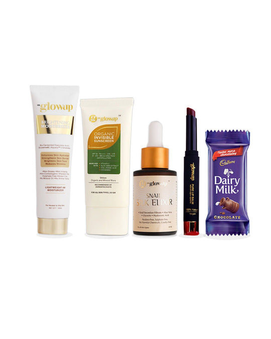 HK Glowup Festive Hamper-2: Brightening Moisturizer + Organic Invisible Sunscreen + Snail Silk Elixir + Cherry Red Lip Balm + Choco pack
