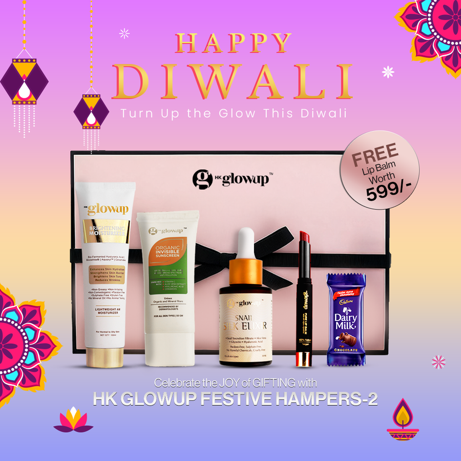 HK Glowup Festive Hamper-2: Brightening Moisturizer + Organic Invisible Sunscreen + Snail Silk Elixir + Cherry Red Lip Balm + Choco pack