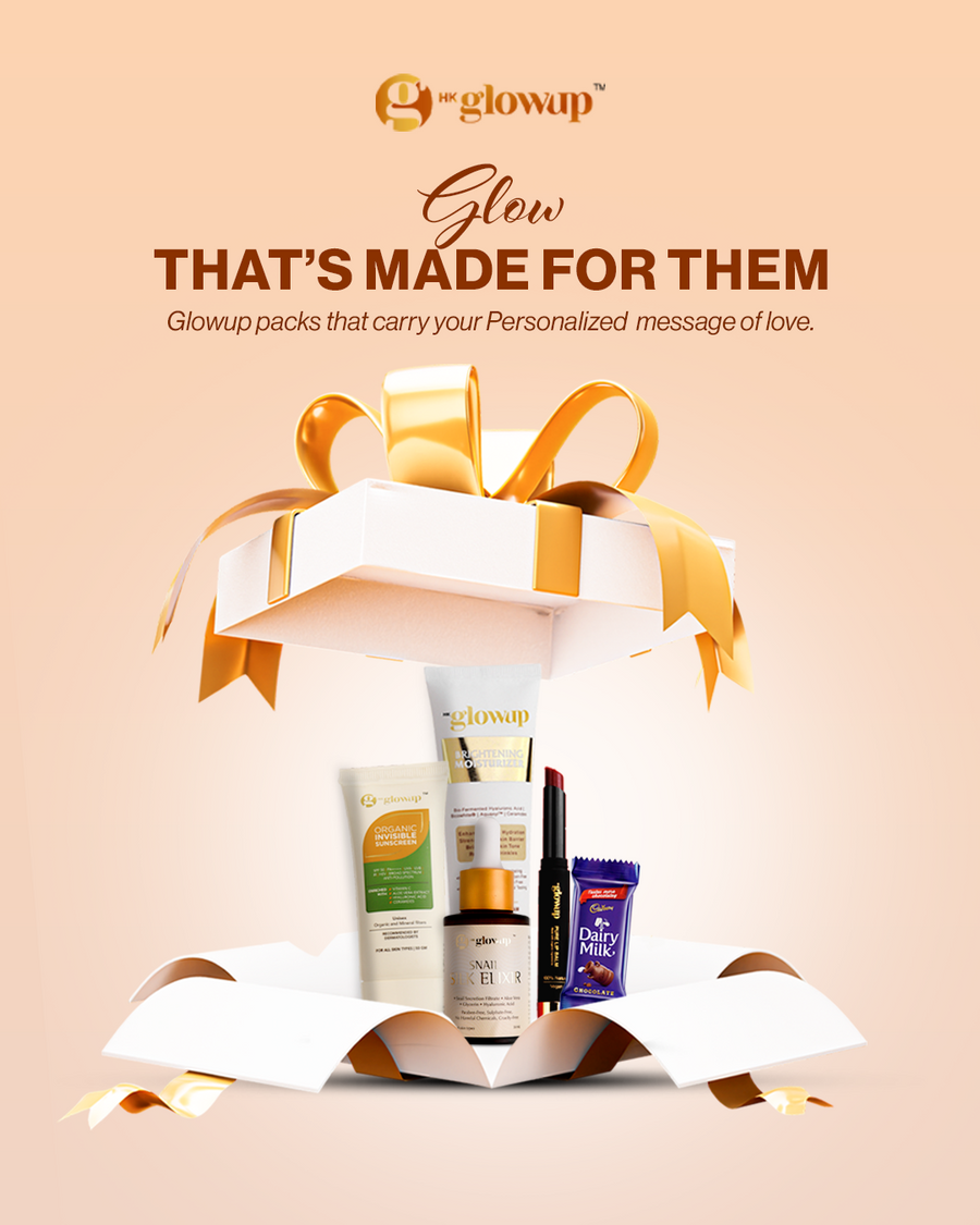 HK Glowup Festive Hamper-2: Brightening Moisturizer + Organic Invisible Sunscreen + Snail Silk Elixir + Cherry Red Lip Balm + Choco pack